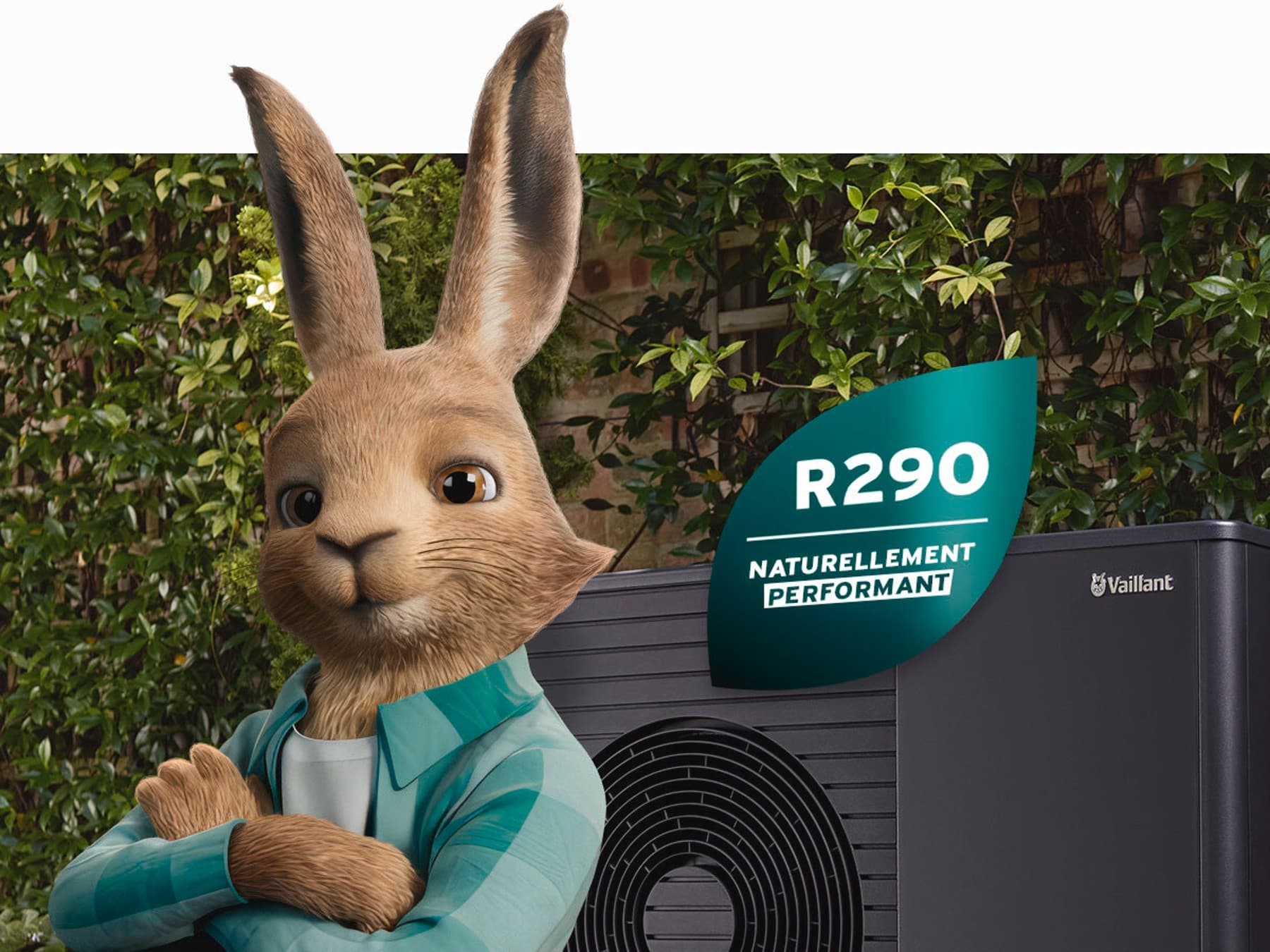 Vaillant haas met zwarte Vaillant warmtepomp op de achtergrond en R290 label