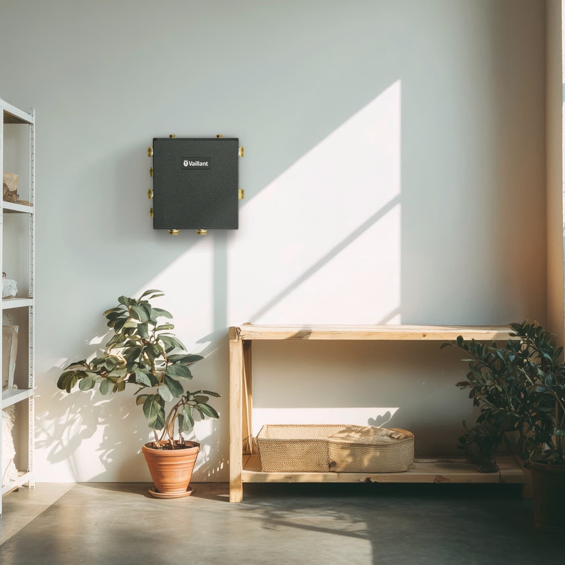 Hybride kit in een berging met links een rek en rechts een houten zitbank en een plant in het midden.