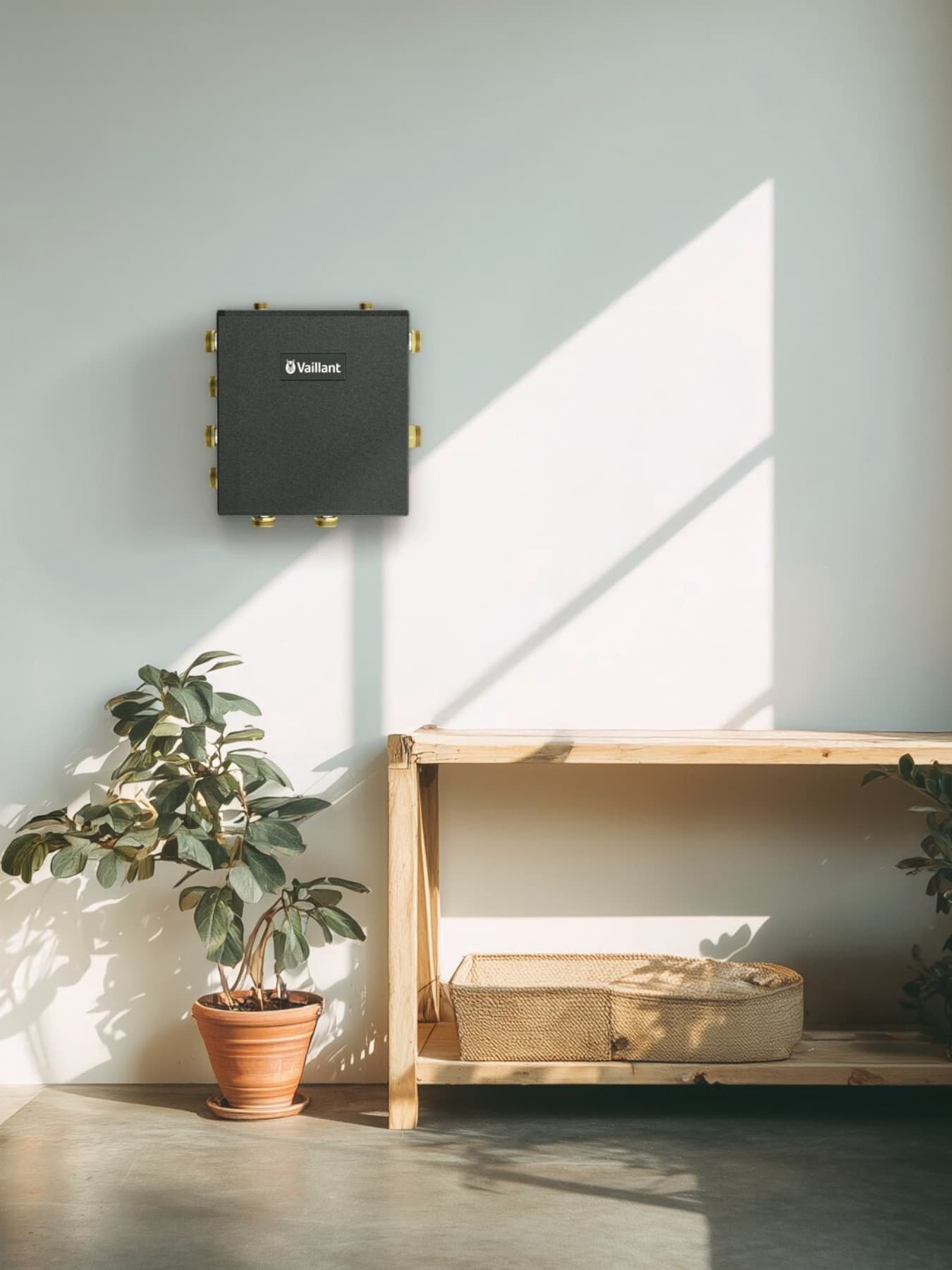Hybride kit in een berging met links een rek en rechts een houten zitbank en een plant in het midden.