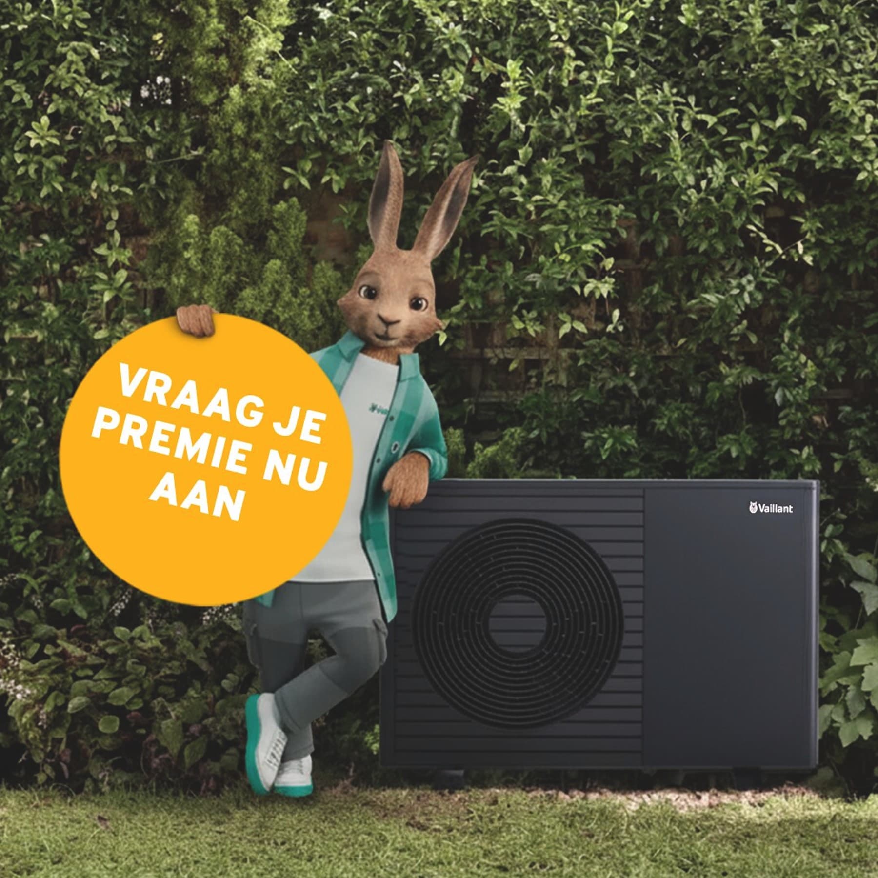 Een haas van Vaillant met een bordje "Vraag nu uw subsidie aan".